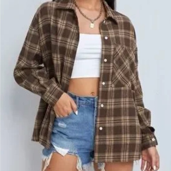 SHEIN Women’s Flannel Long Sleeve Shirt Brown and Tan Sz 6 - Picture 3 of 13